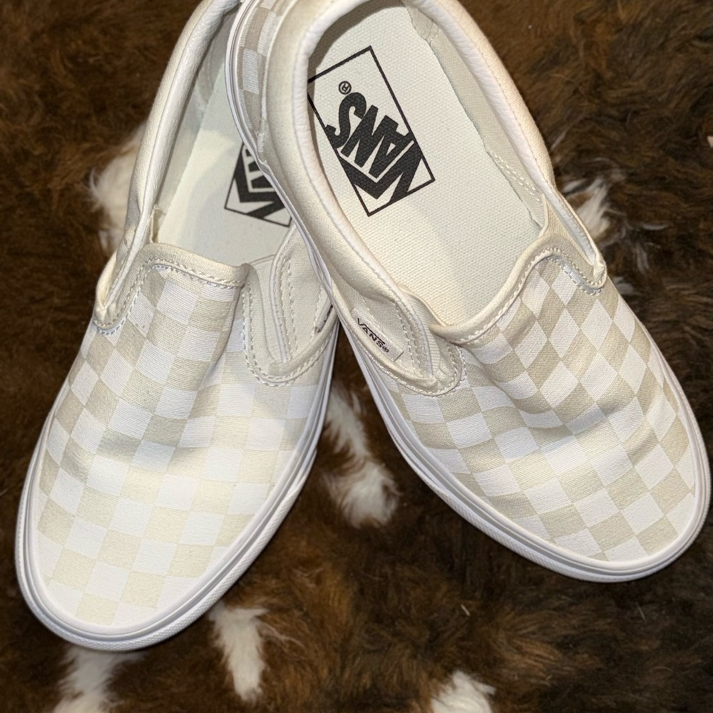 Vans Cream and White Checkered Slip-Ons
